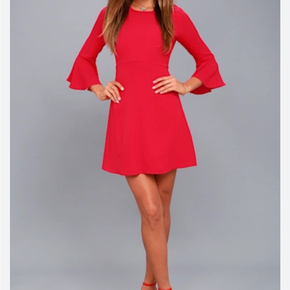 Lulu's Vibrant Red Long Flounce Sleeve Dress